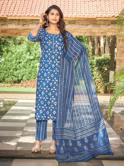 Indigo Printed Straight Round Neck Kurta Set