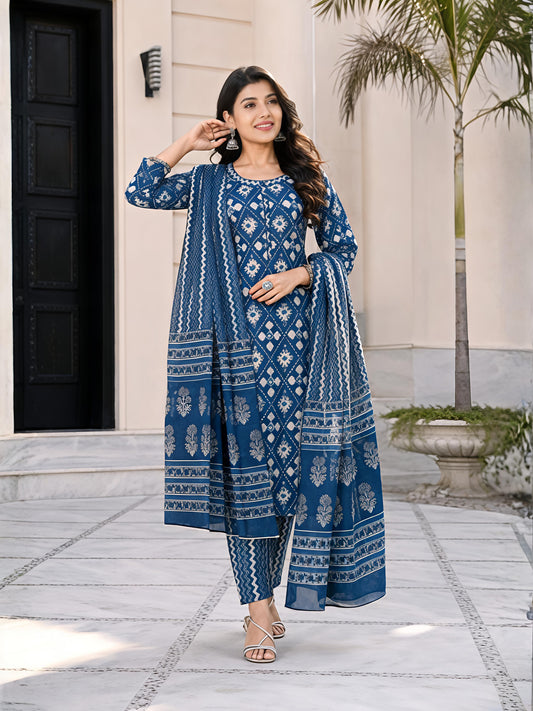 Blue Ethnic Printed Kurta Set Dupatta Casual Stylish Outfit