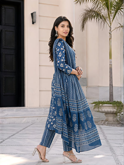 Blue Ethnic Printed Kurta Set Dupatta Casual Stylish Outfit