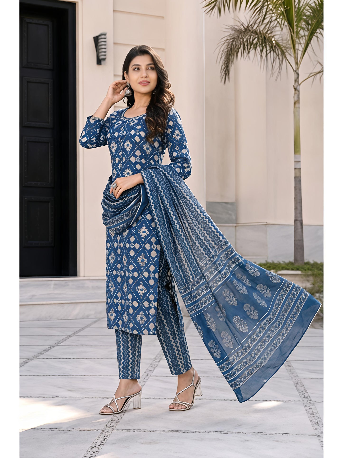 Blue Ethnic Printed Kurta Set Dupatta Casual Stylish Outfit