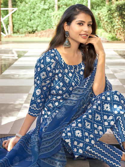 Indigo Printed Straight Round Neck Kurta Set