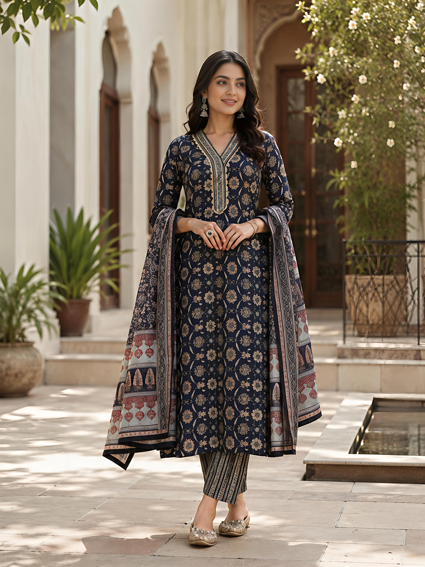 Blue Ethnic Printed Viscose Rayon Kurta Set Dupatta Stylish Outfit
