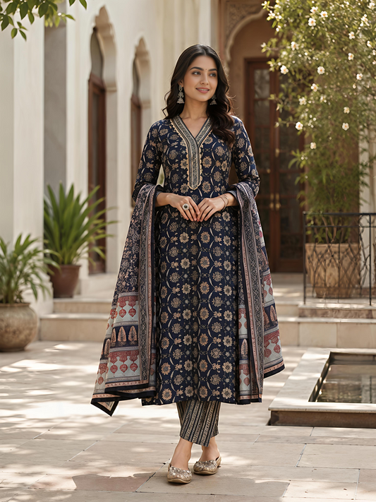 Blue Ethnic Printed Viscose Rayon Kurta Set Dupatta Stylish Outfit
