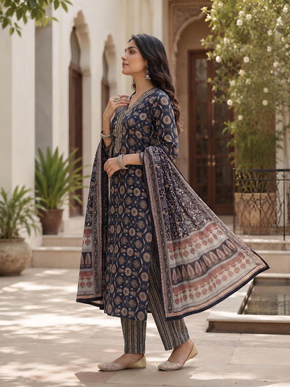 Blue Ethnic Printed Viscose Rayon Kurta Set Dupatta Stylish Outfit