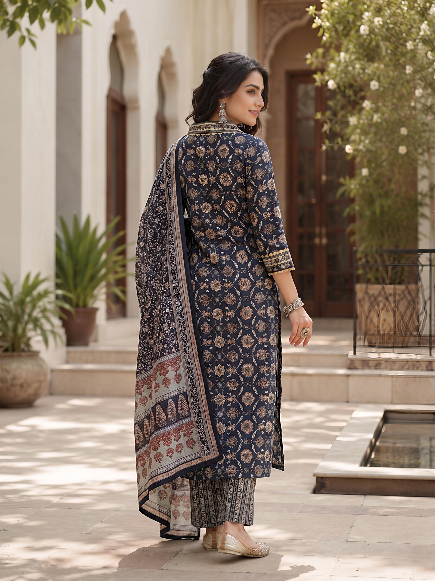 Blue Ethnic Printed Viscose Rayon Kurta Set Dupatta Stylish Outfit