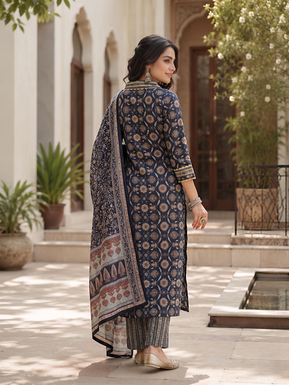 Blue Ethnic Printed Viscose Rayon Kurta Set Dupatta Stylish Outfit