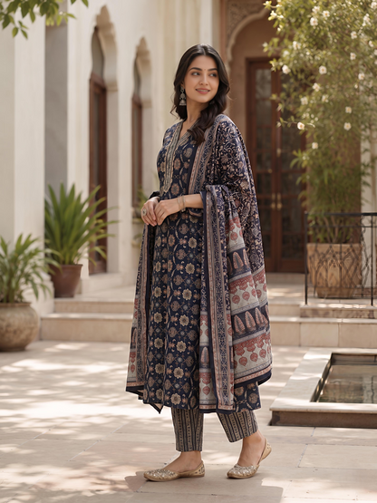 Blue Ethnic Printed Viscose Rayon Kurta Set Dupatta Stylish Outfit