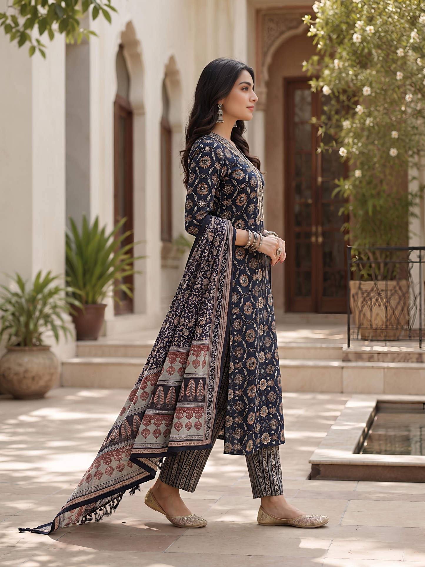 Blue Ethnic Printed Viscose Rayon Kurta Set Dupatta Stylish Outfit