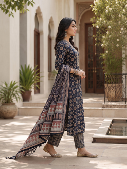 Blue Ethnic Printed Viscose Rayon Kurta Set Dupatta Stylish Outfit