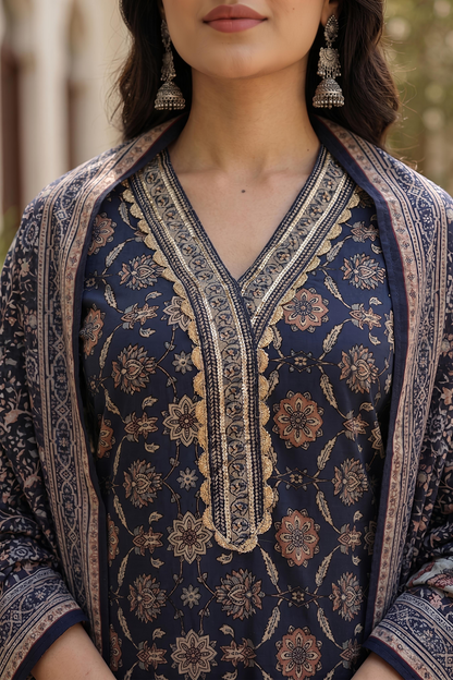 Blue Ethnic Printed Viscose Rayon Kurta Set Dupatta Stylish Outfit