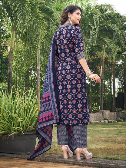 Blue Floral Printed Viscose Rayon V-Neck Kurta Set