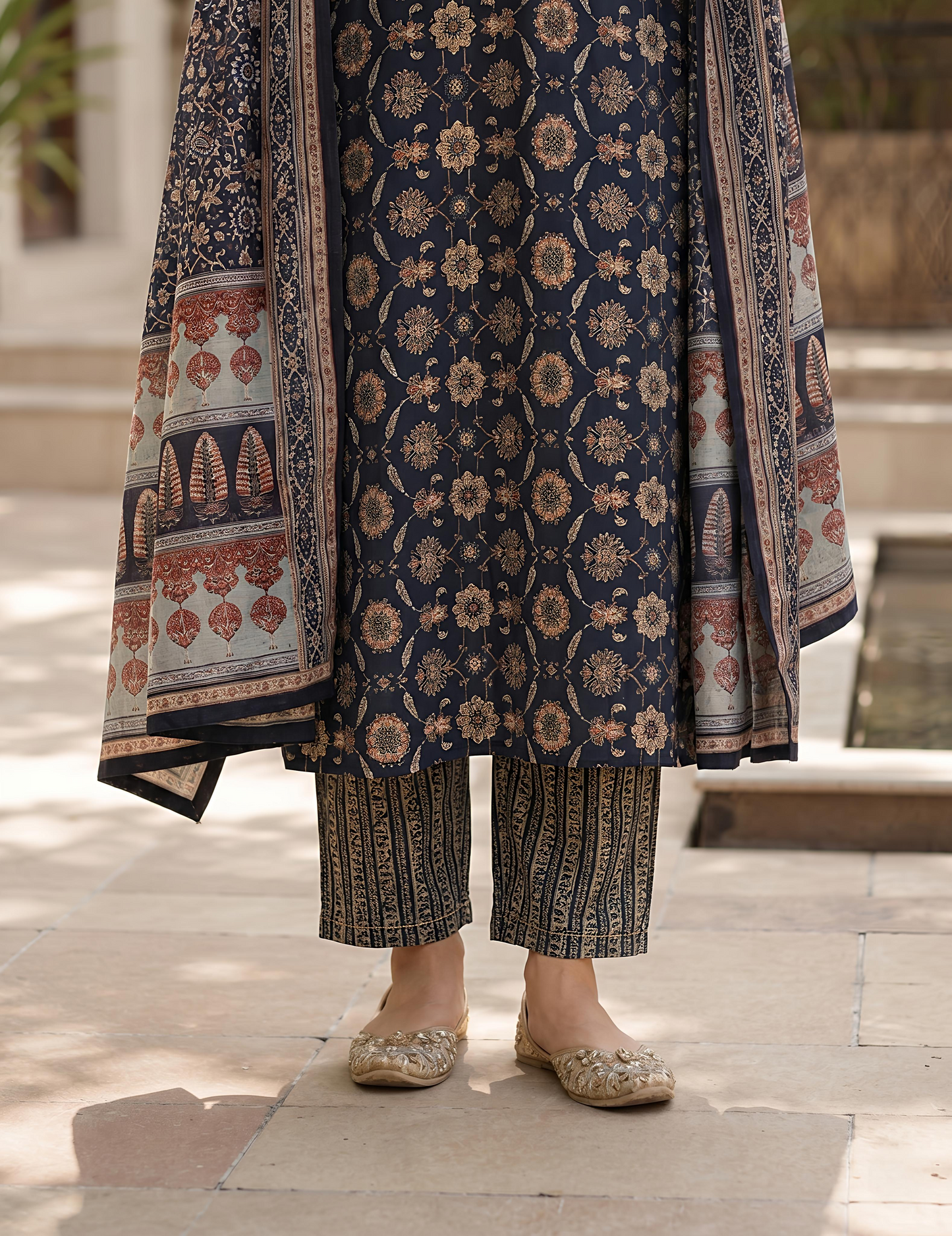 Blue Ethnic Printed Viscose Rayon Kurta Set Dupatta Stylish Outfit