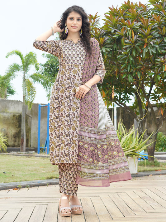 Brown Printed Rayon V-Neck Kurta Pant with Dupatta