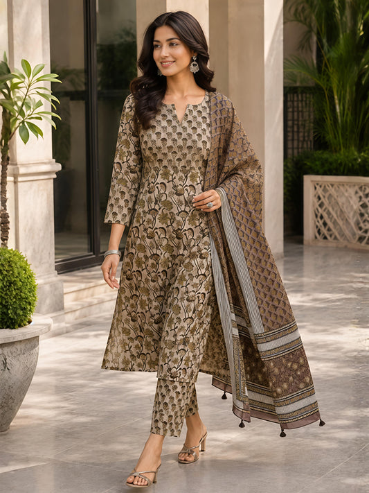 Brown Ethnic Floral Rayon Printed Kurta Set Stylish Outfit