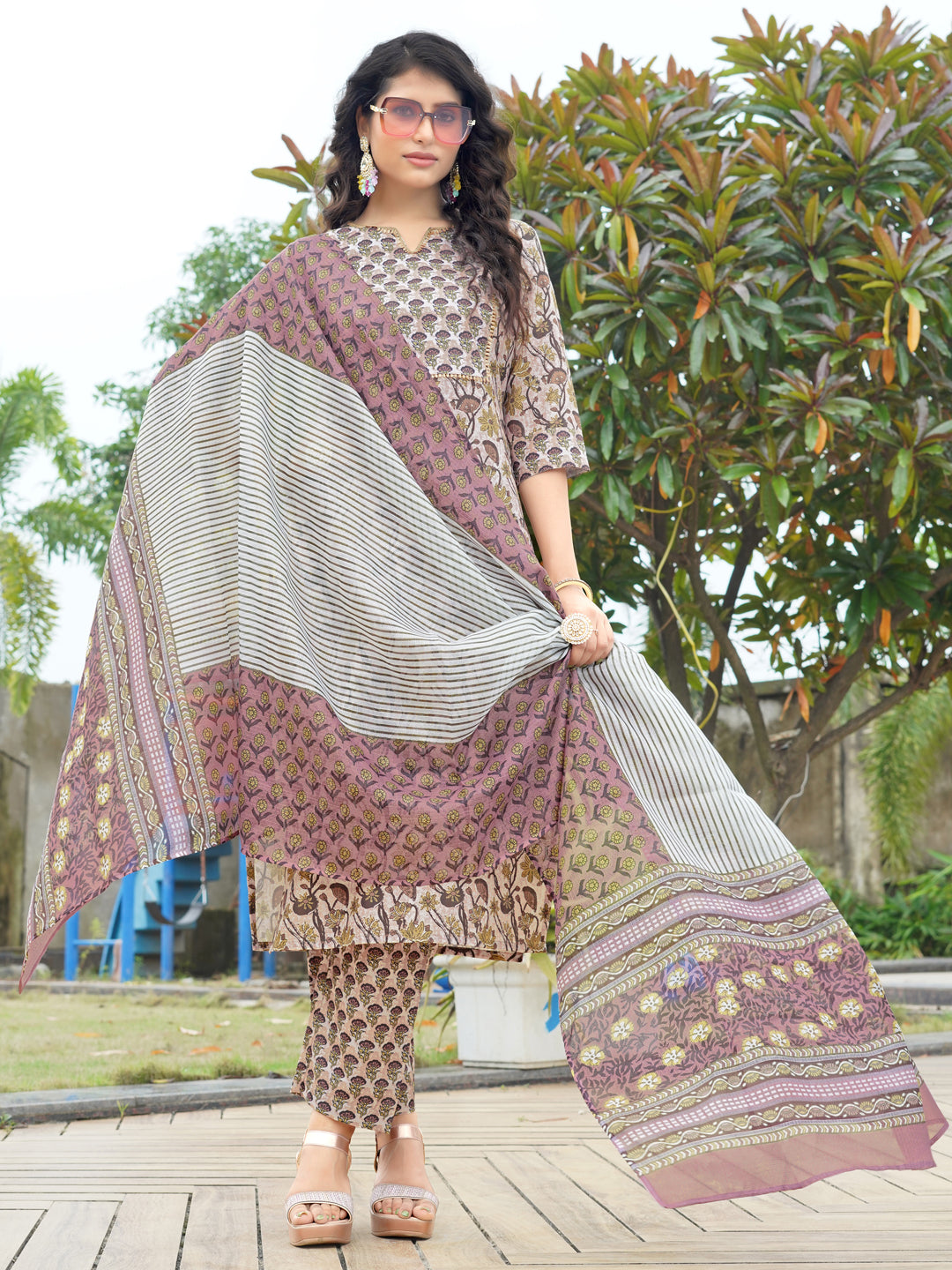 Brown Printed Rayon V-Neck Kurta Pant with Dupatta