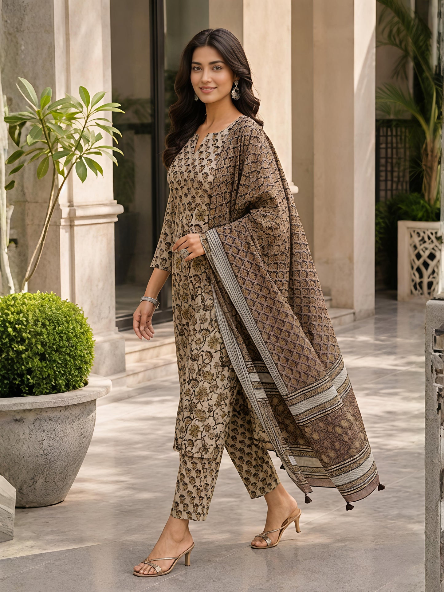 Brown Ethnic Floral Rayon Printed Kurta Set Stylish Outfit