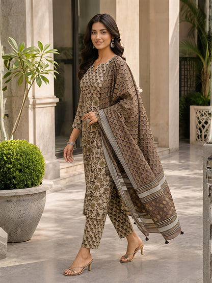 Brown Ethnic Floral Rayon Printed Kurta Set Stylish Outfit