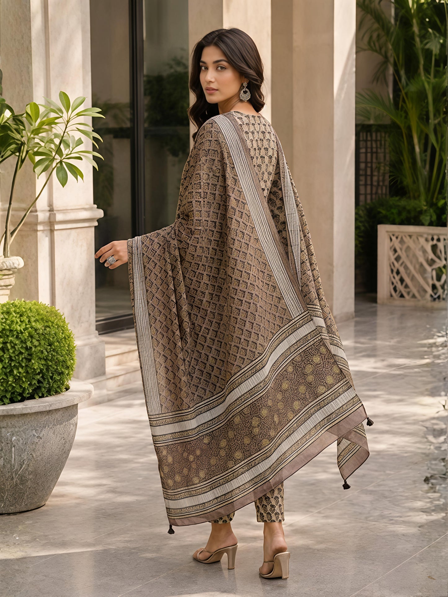 Brown Ethnic Floral Rayon Printed Kurta Set Stylish Outfit
