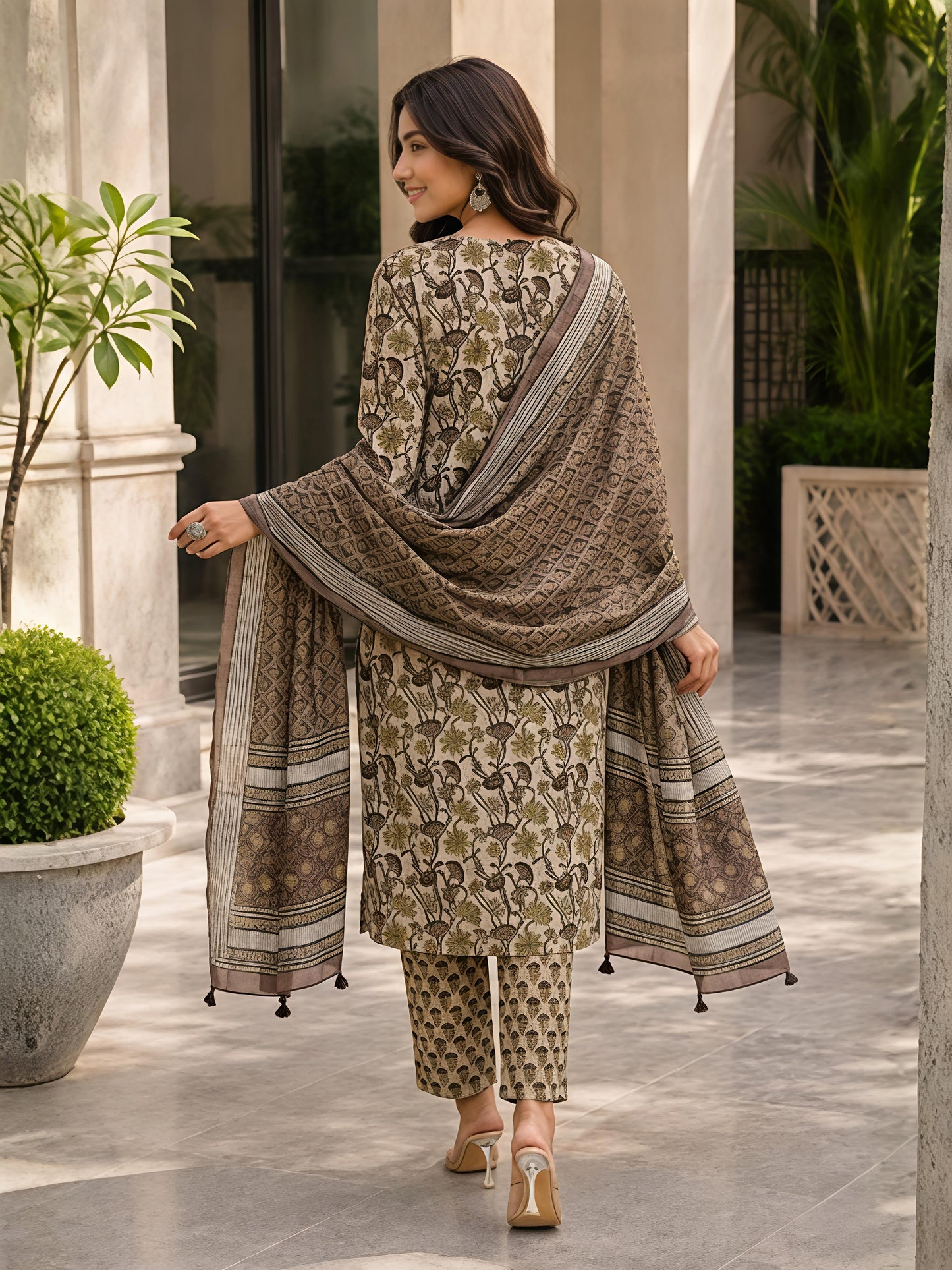 Brown Ethnic Floral Rayon Printed Kurta Set Stylish Outfit