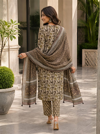Brown Ethnic Floral Rayon Printed Kurta Set Stylish Outfit
