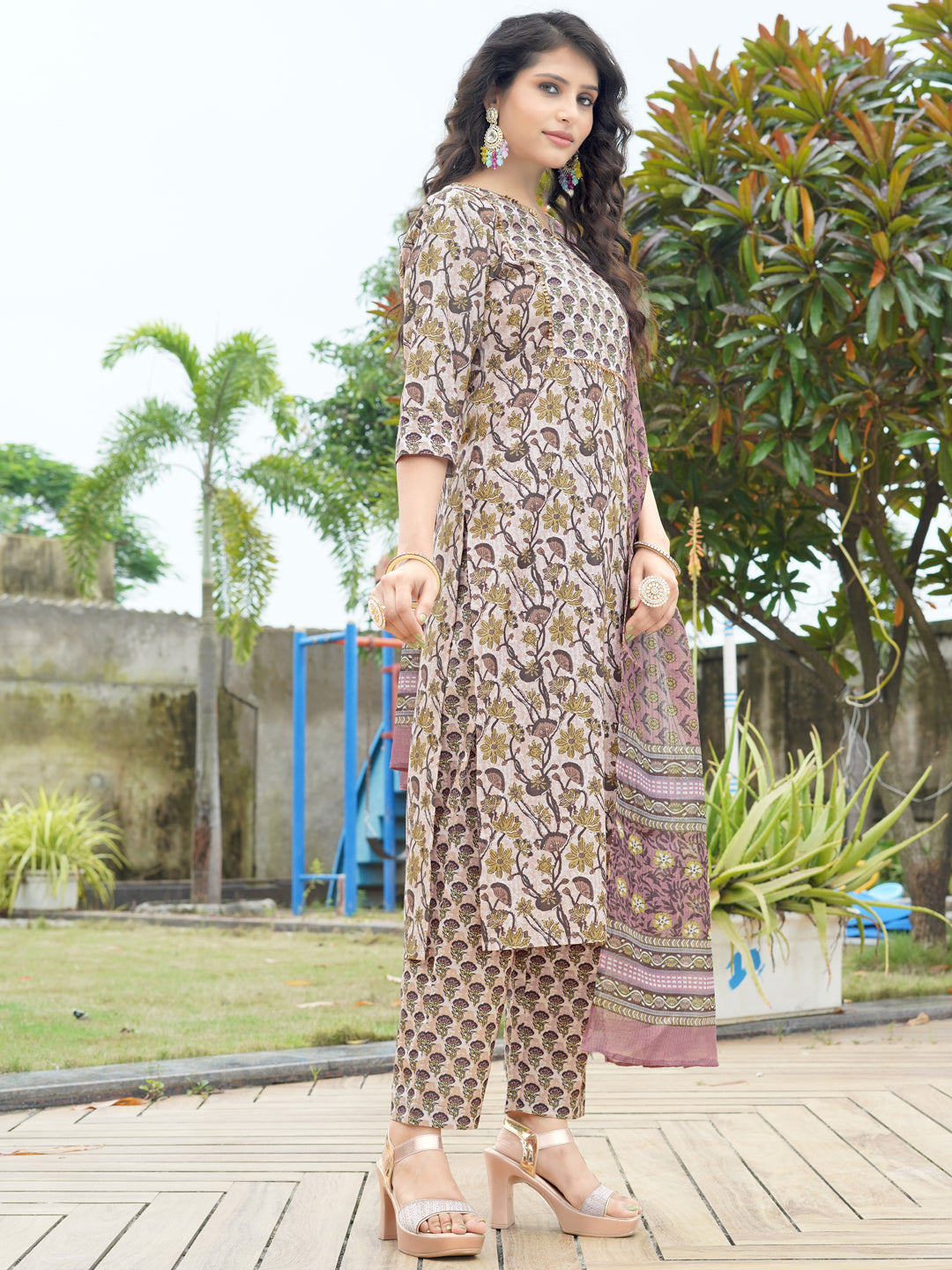Brown Printed Rayon V-Neck Kurta Pant with Dupatta