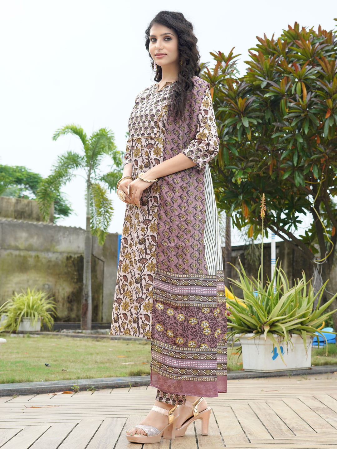 Brown Printed Rayon V-Neck Kurta Pant with Dupatta