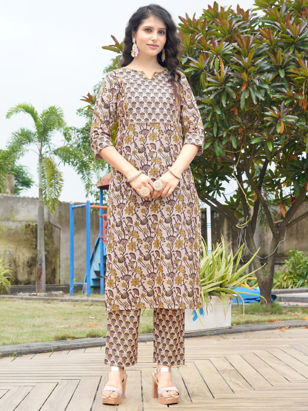 Brown Printed Rayon V-Neck Kurta Pant with Dupatta