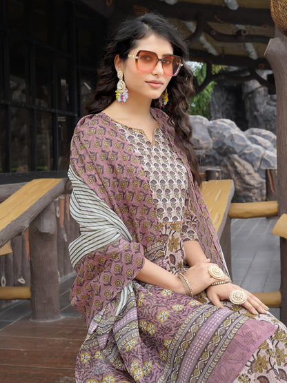Brown Printed Rayon V-Neck Kurta Pant with Dupatta