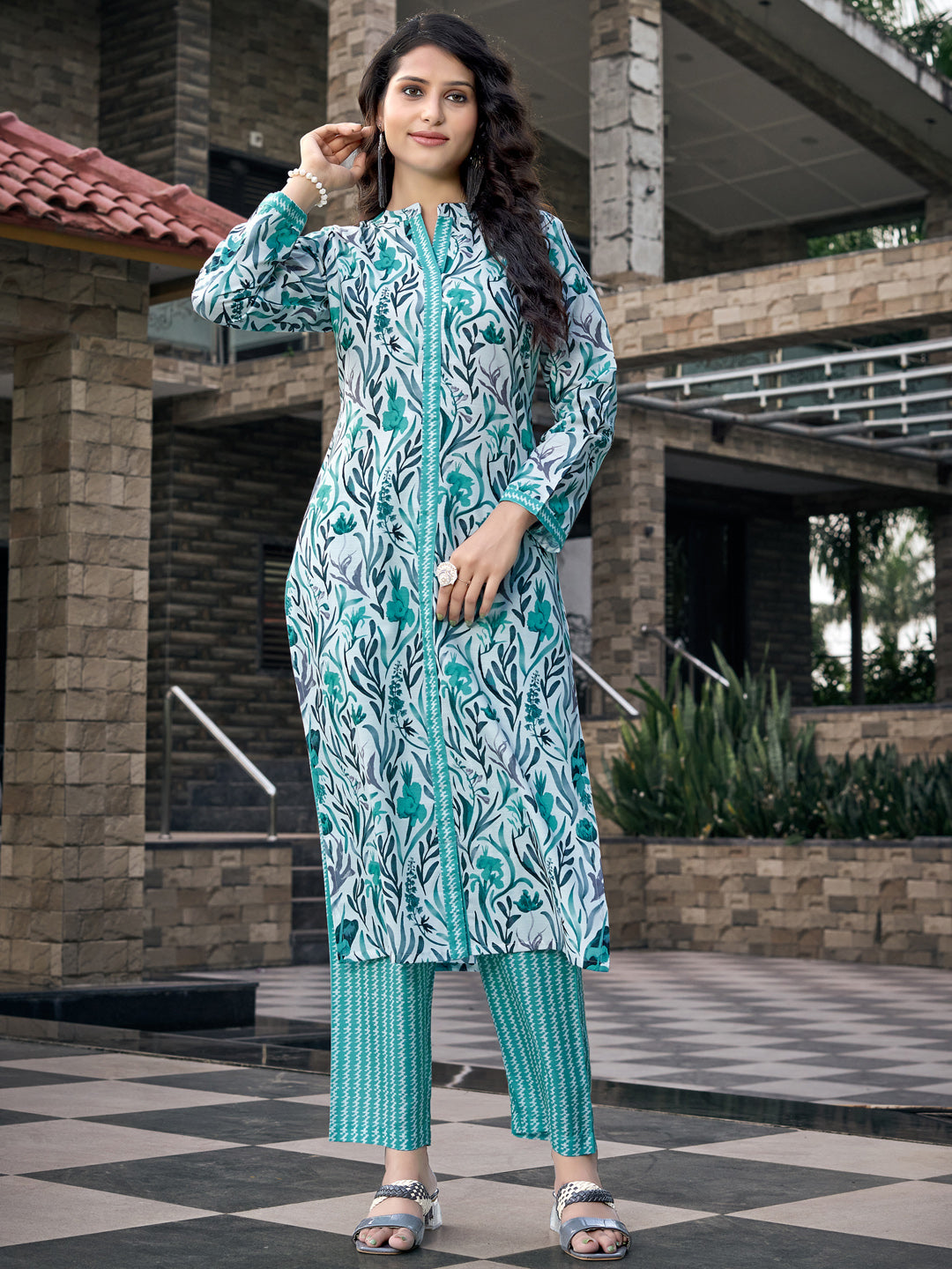 Aqua Blue Printed Cotton Blend Mandarin Neck Kurta Set