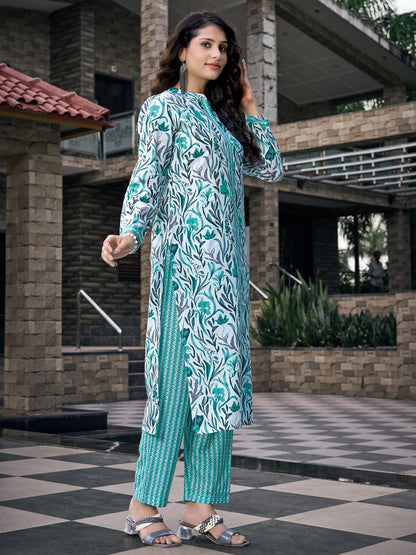 Aqua Blue Printed Cotton Blend Mandarin Neck Kurta Set