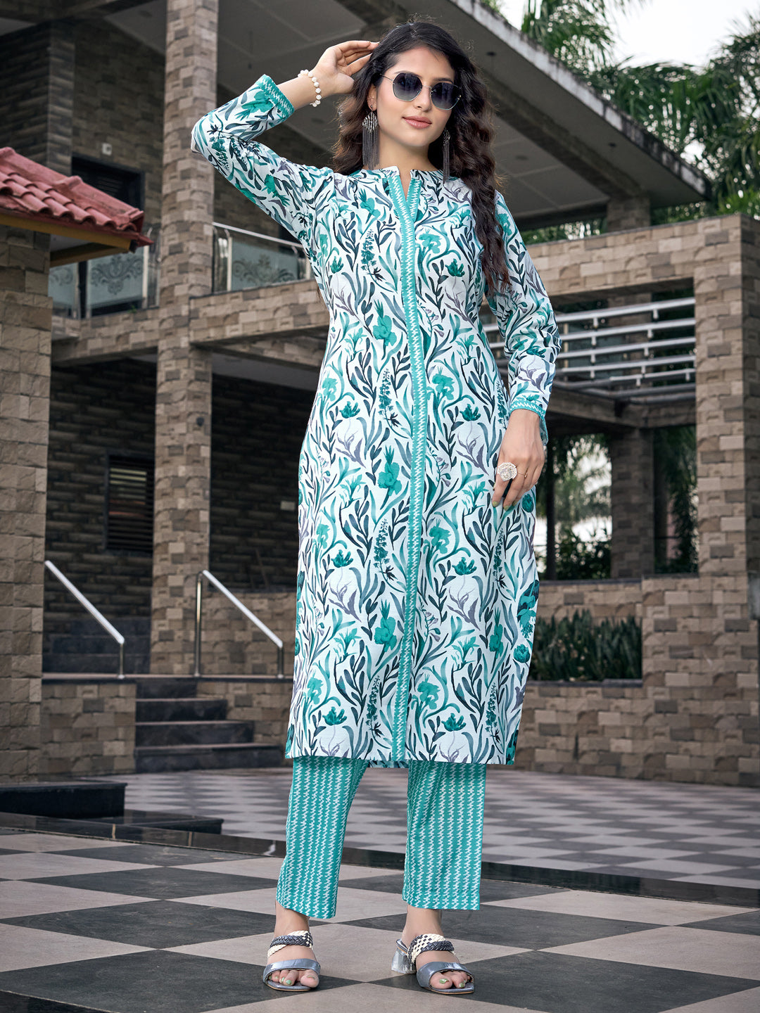 Aqua Blue Printed Cotton Blend Mandarin Neck Kurta Set