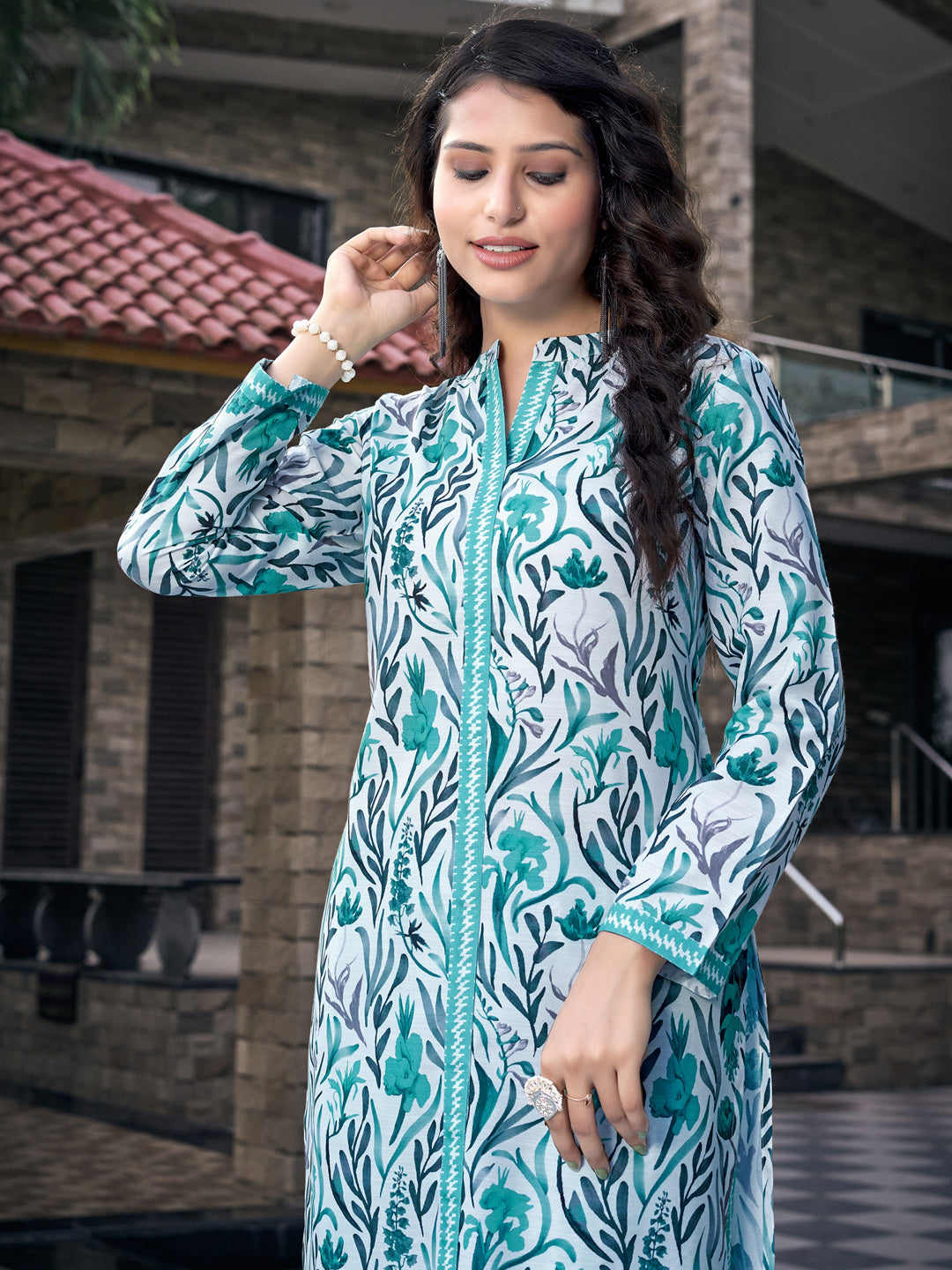 Aqua Blue Printed Cotton Blend Mandarin Neck Kurta Set