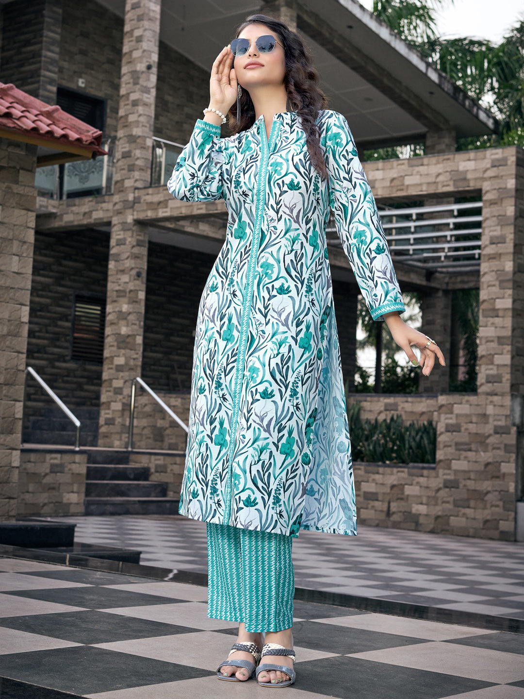 Aqua Blue Printed Cotton Blend Mandarin Neck Kurta Set