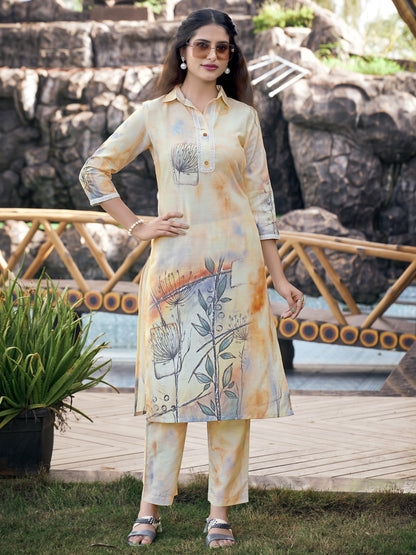 Beige Leaf Printed Cotton Blend Collar Neck Kurta with Pant