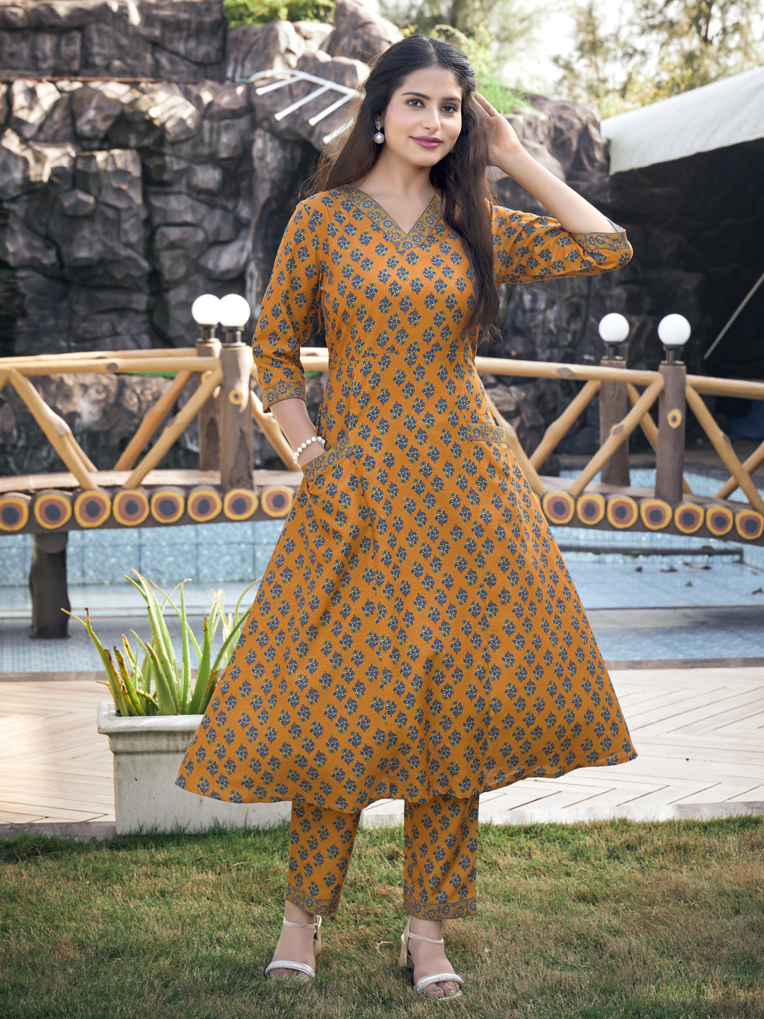 Mustard Yellow A-line Cotton Blend V-Neck Kurta with Pant