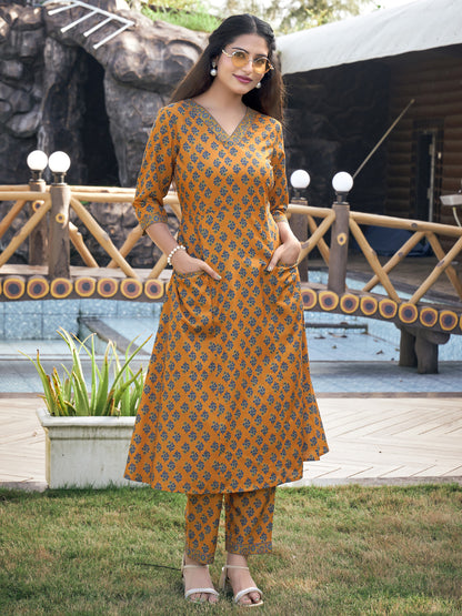 Mustard Yellow A-line Cotton Blend V-Neck Kurta with Pant