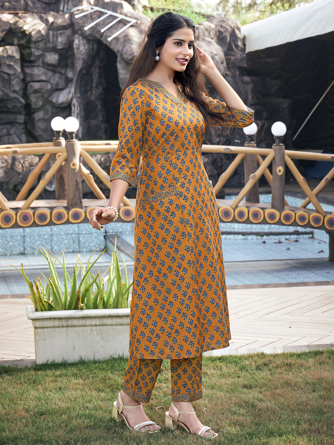 Mustard Yellow A-line Cotton Blend V-Neck Kurta with Pant