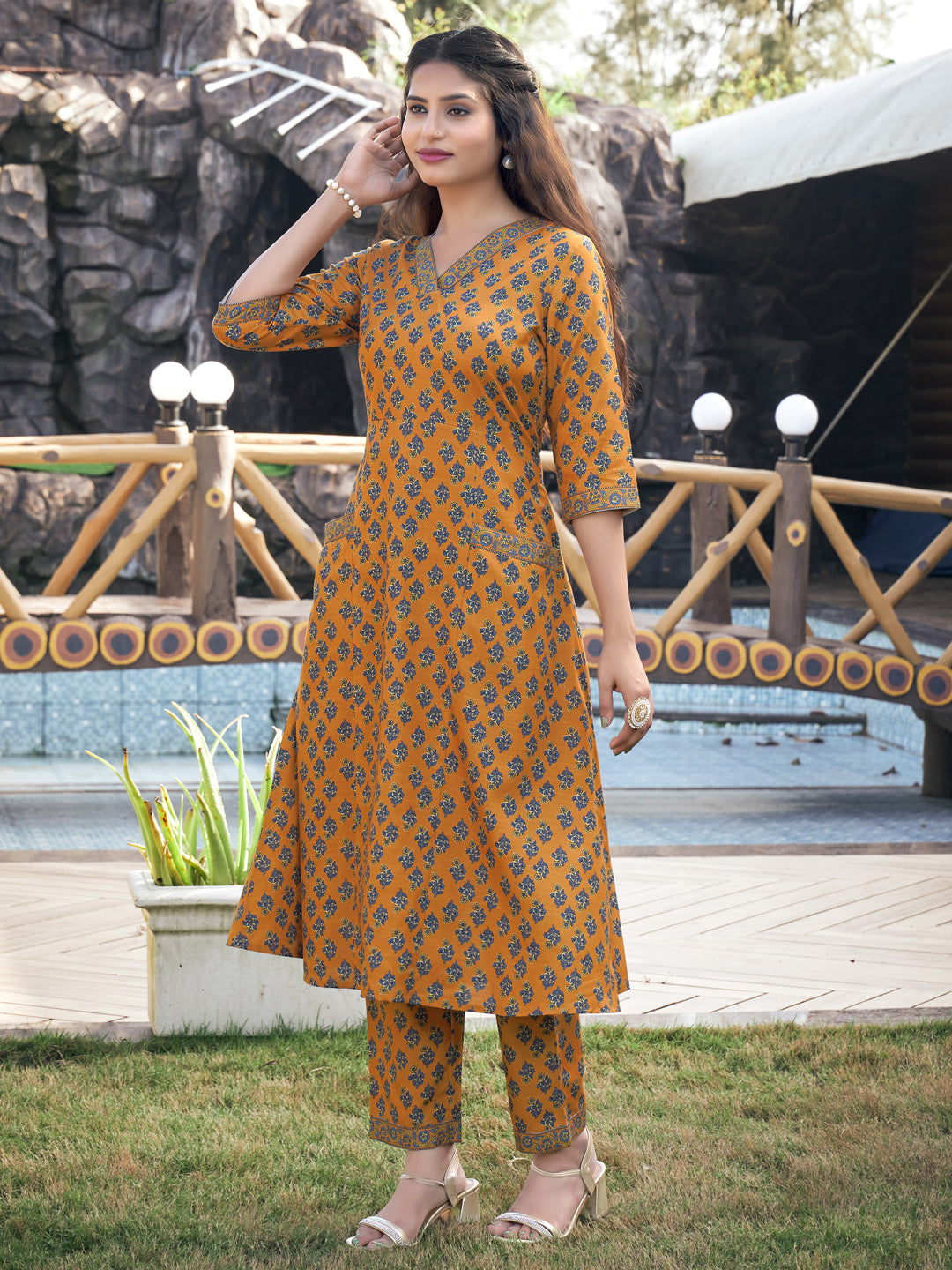 Mustard Yellow A-line Cotton Blend V-Neck Kurta with Pant