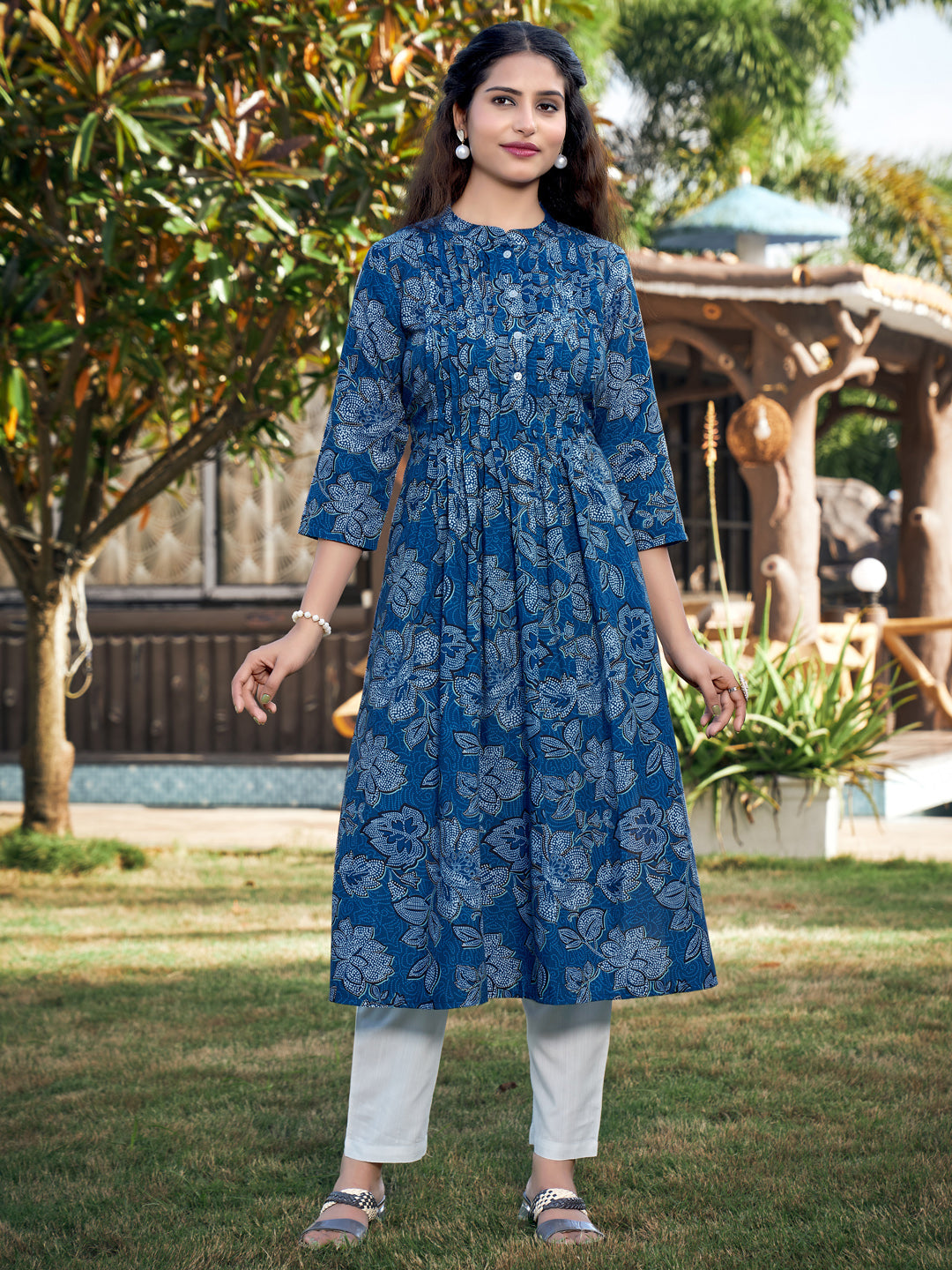 Deep Blue A-line Cotton Blend Mandarin Neck Kurta with Pant