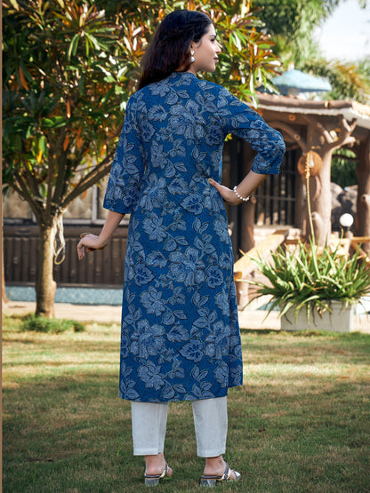 Deep Blue A-line Cotton Blend Mandarin Neck Kurta with Pant