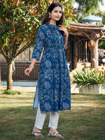 Deep Blue A-line Cotton Blend Mandarin Neck Kurta with Pant