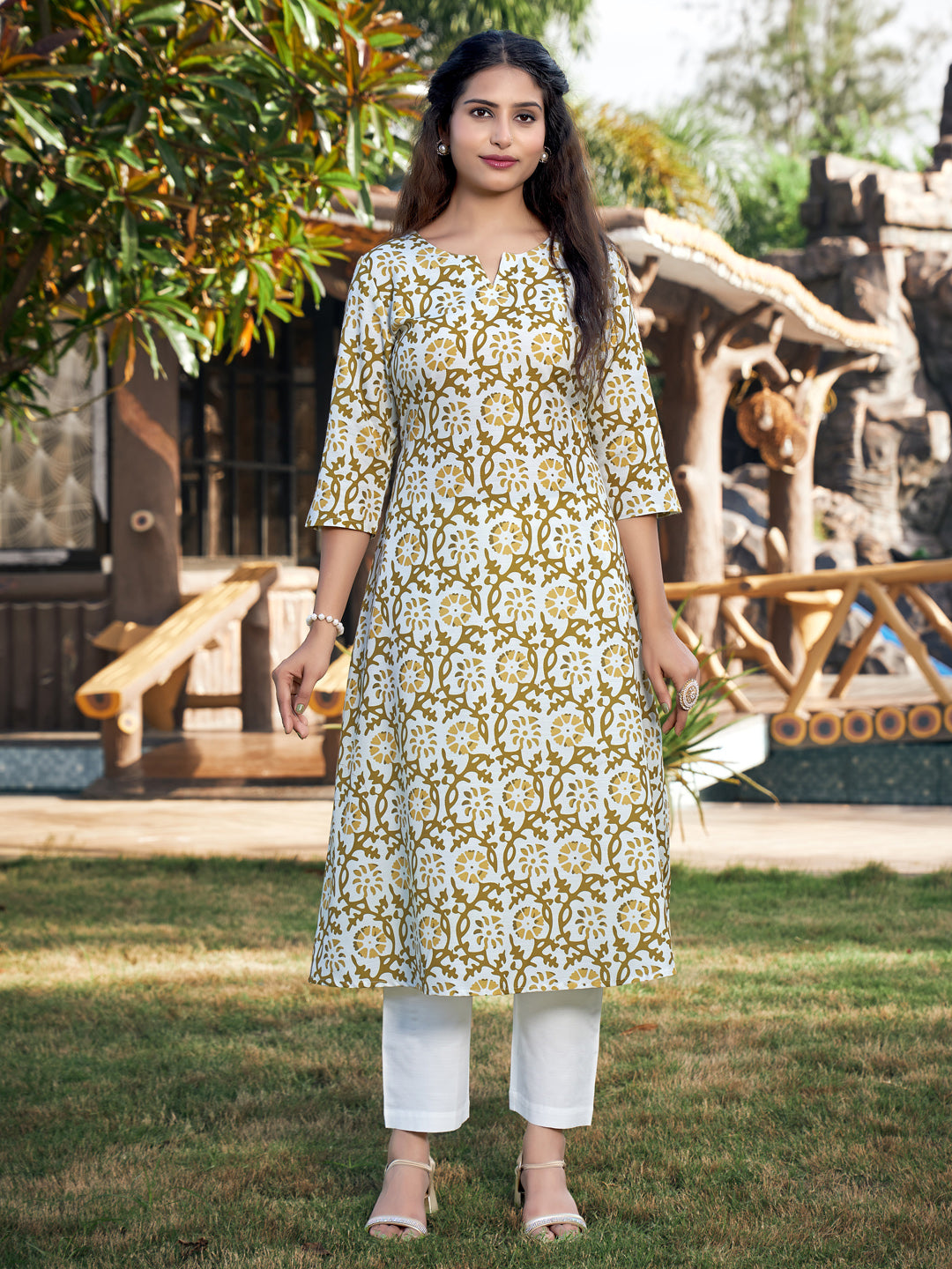 White And Brown A-line Cotton Blend Notch Neck Kurta-Pant