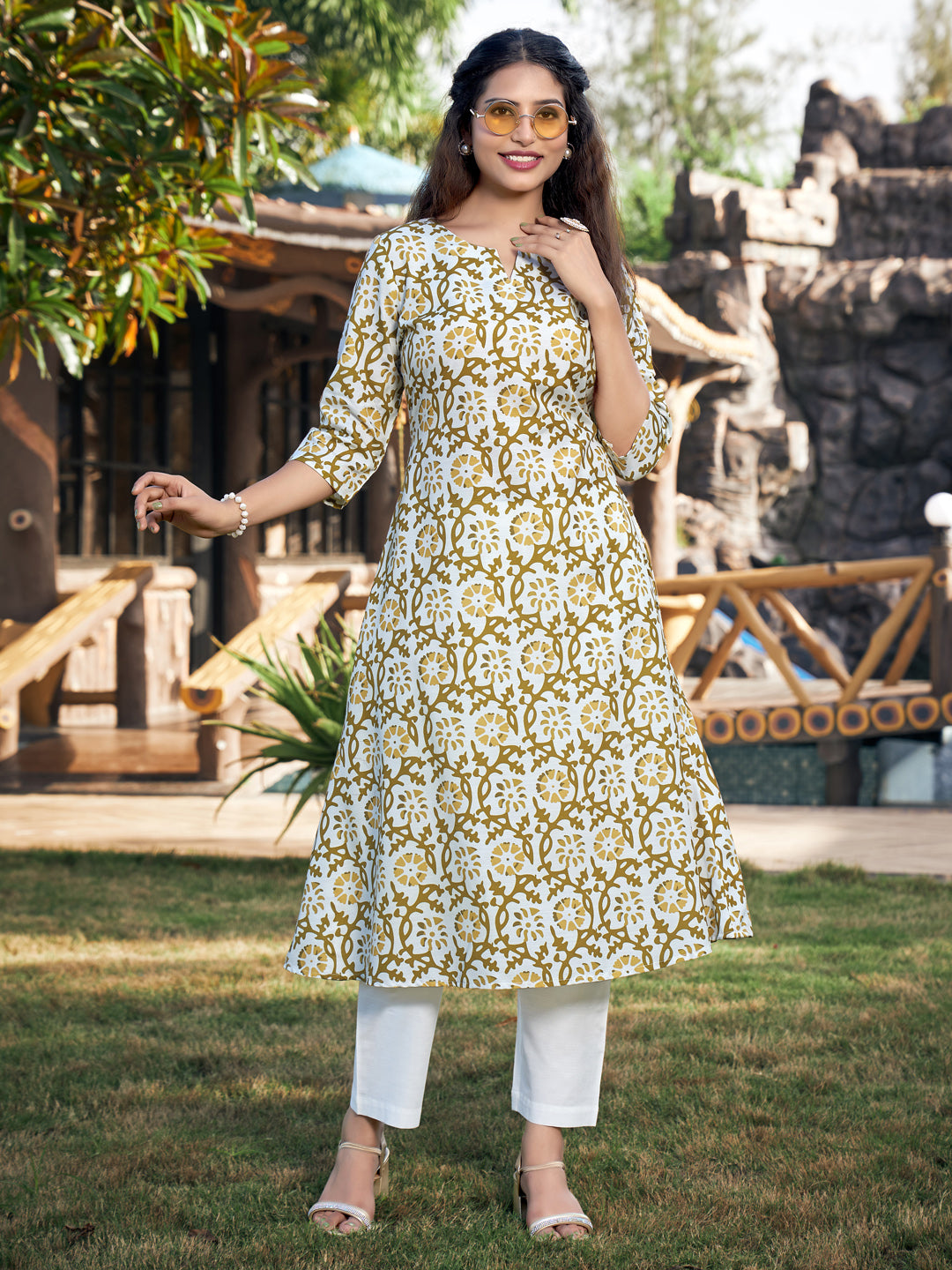 White And Brown A-line Cotton Blend Notch Neck Kurta-Pant