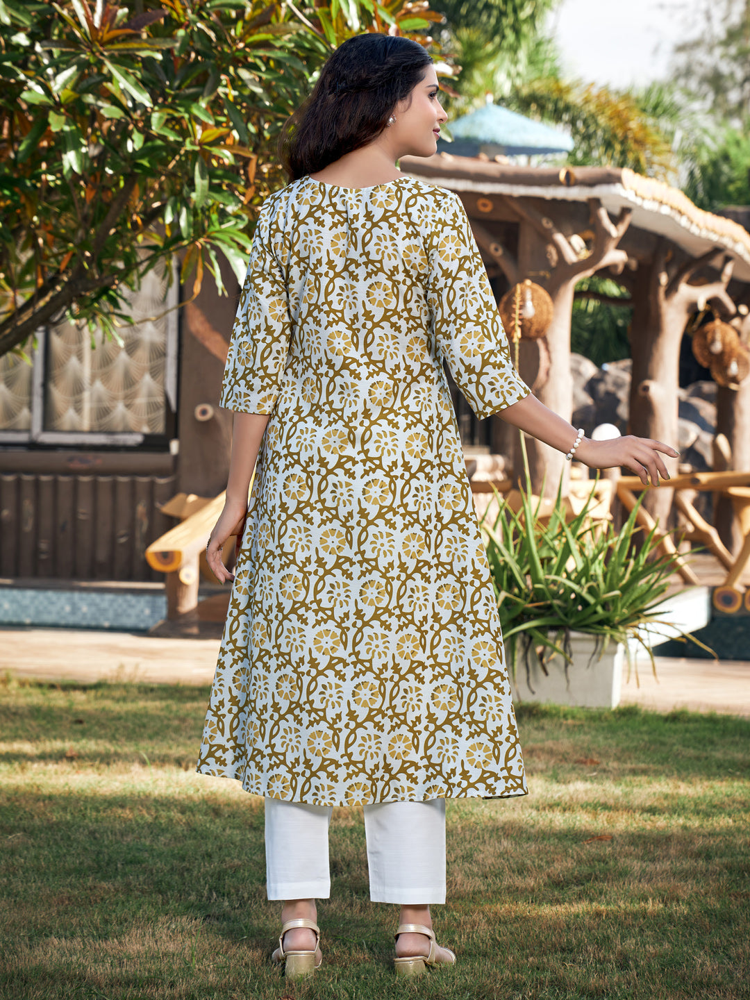 White And Brown A-line Cotton Blend Notch Neck Kurta-Pant