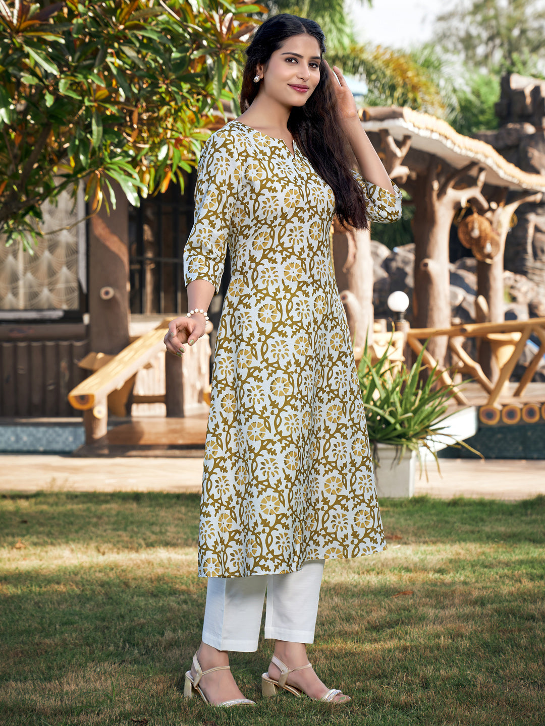 White And Brown A-line Cotton Blend Notch Neck Kurta-Pant