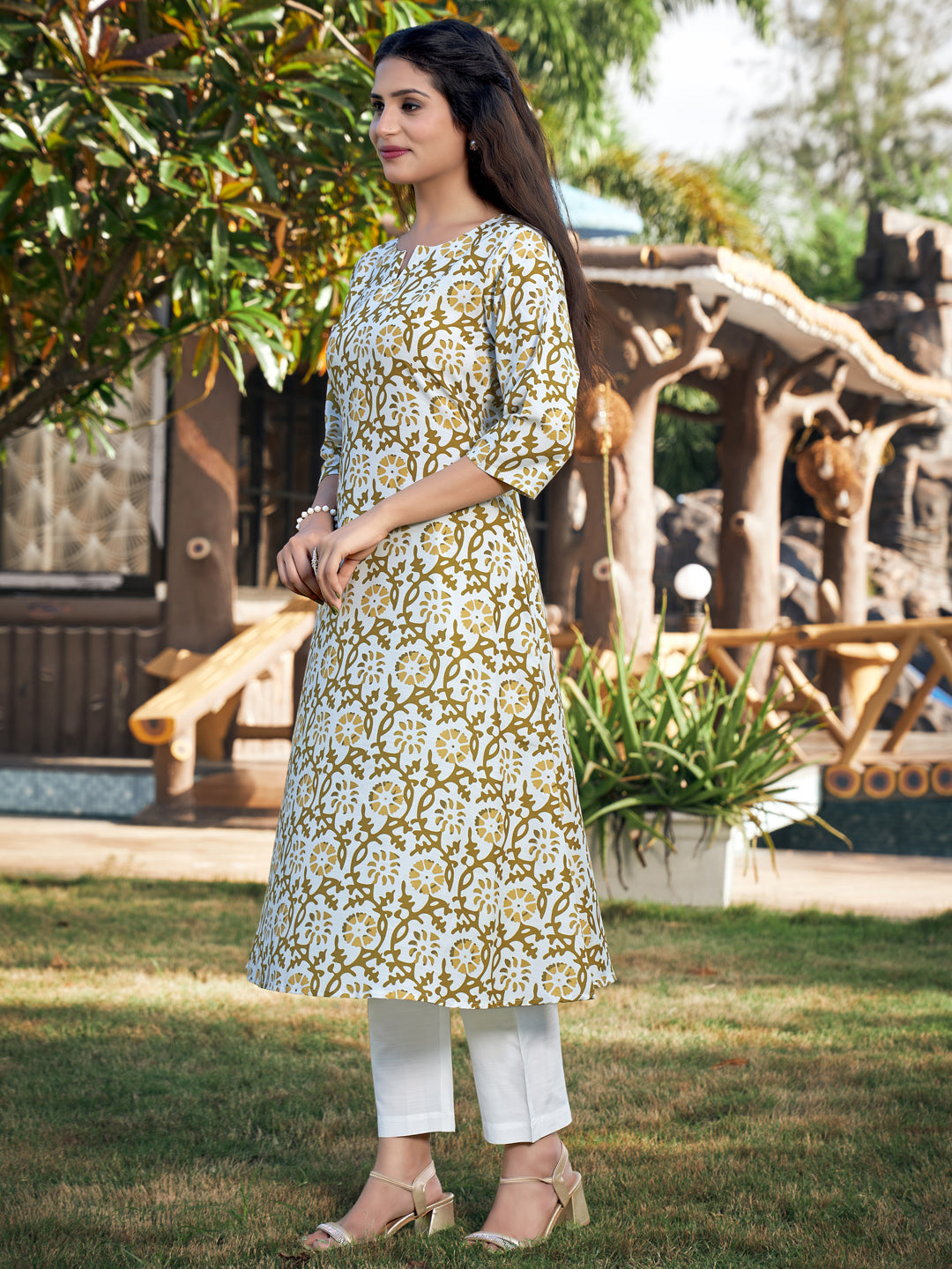 White And Brown A-line Cotton Blend Notch Neck Kurta-Pant