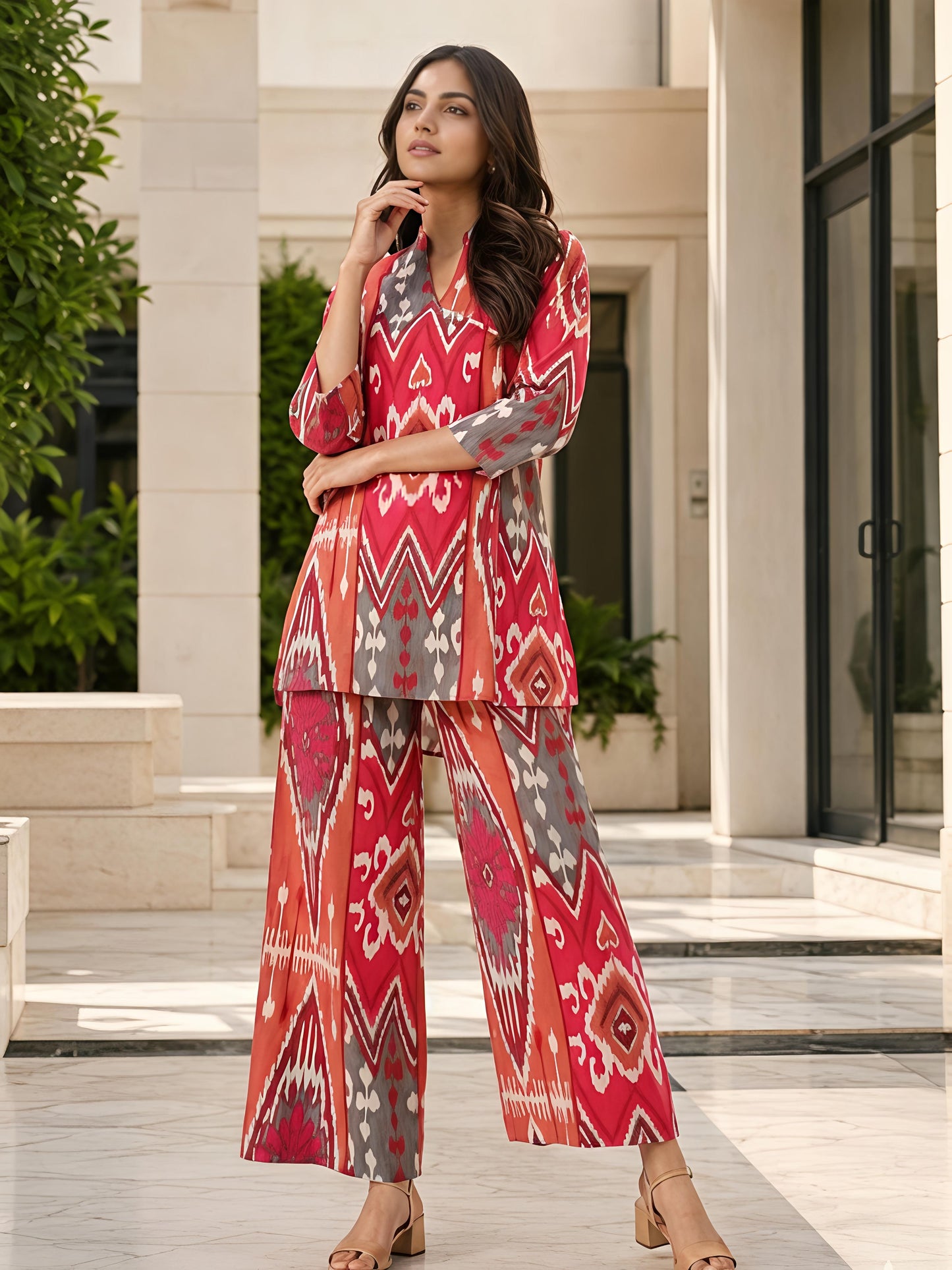 Pink Printed Cotton Blend V-Neck Stylish Co-Ord Set Casual