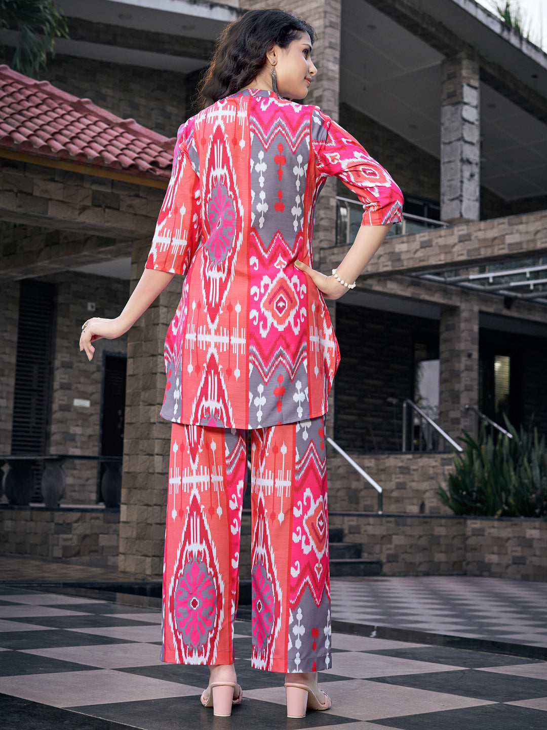 Deep Pink Printed Straight Rayon Blend Co-Ord Set