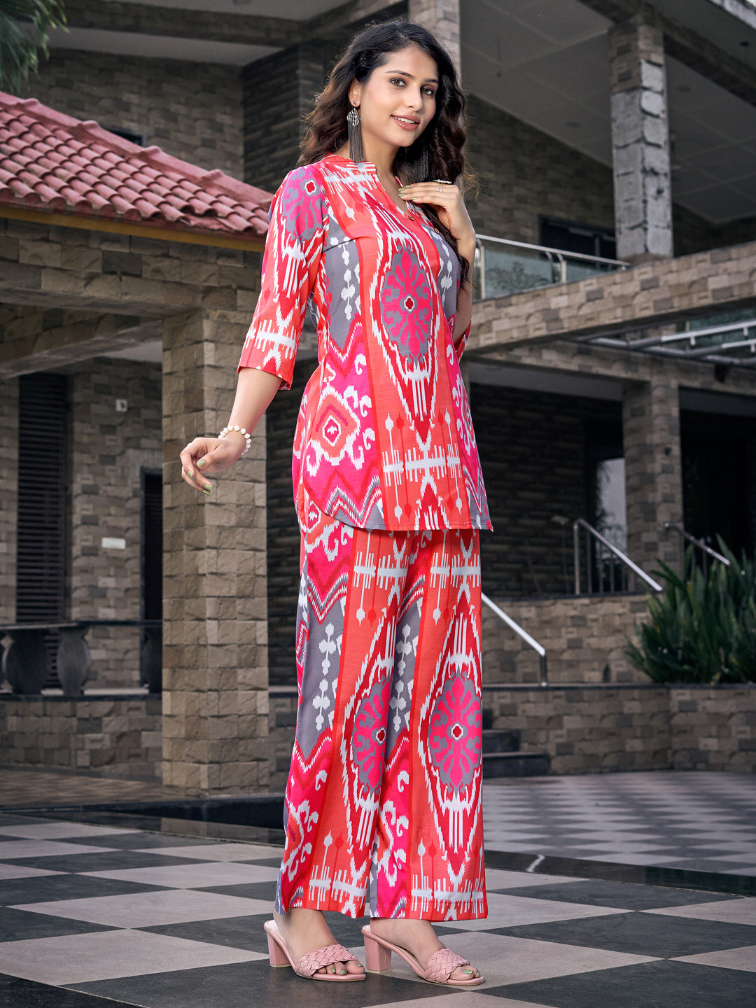 Deep Pink Printed Straight Rayon Blend Co-Ord Set