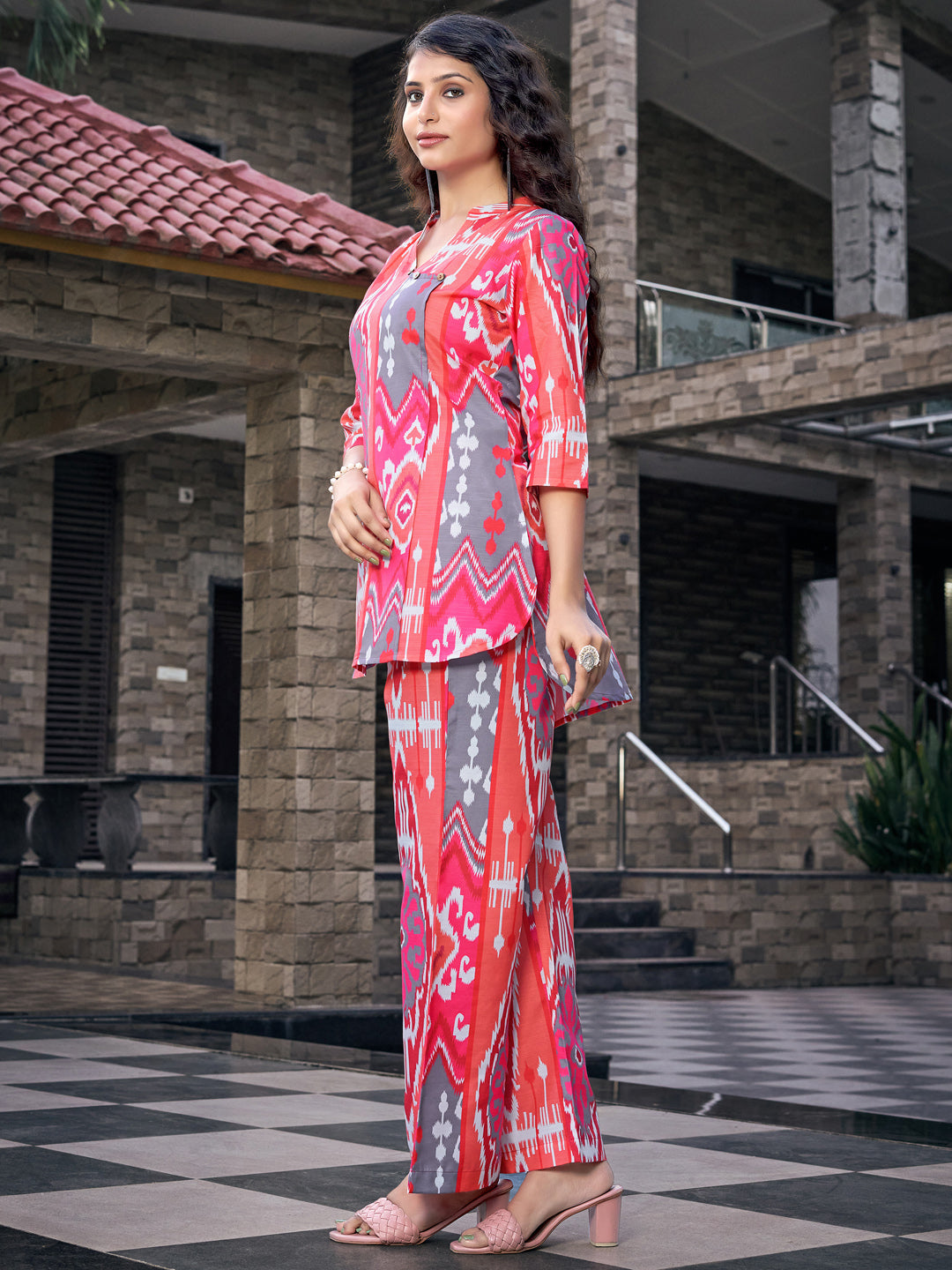 Deep Pink Printed Straight Rayon Blend Co-Ord Set